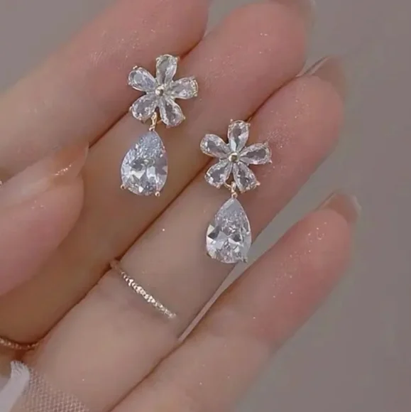 Flower Tear Drop Earrings - Picture 2 of 5